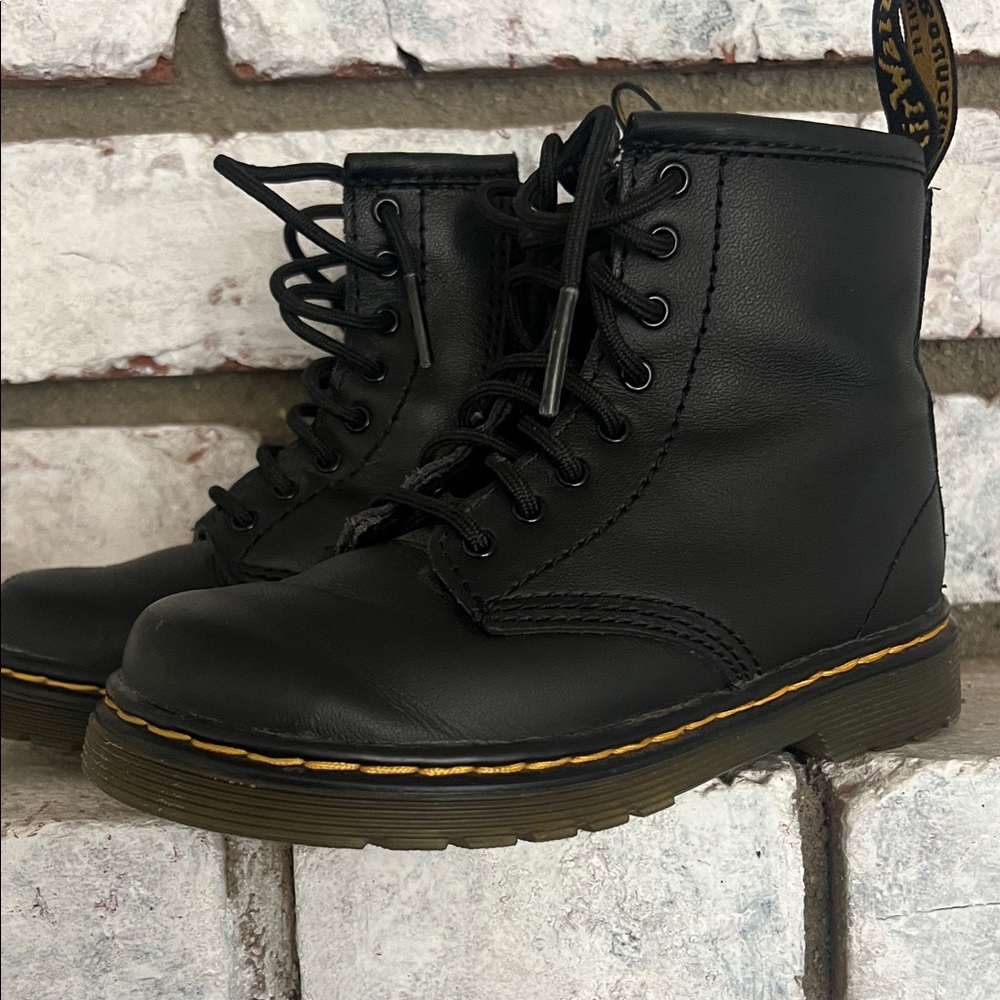 Dr. Martens Black Kids Boots with Yellow Stitching